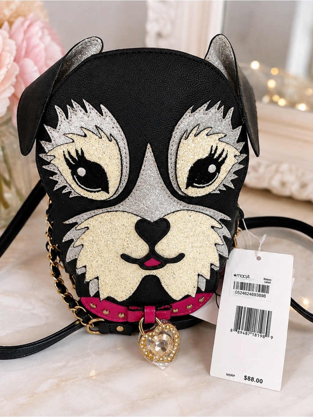 Betsey Johnson Black Dog Face Crossbody with Silver, Cream & Pink Accents
